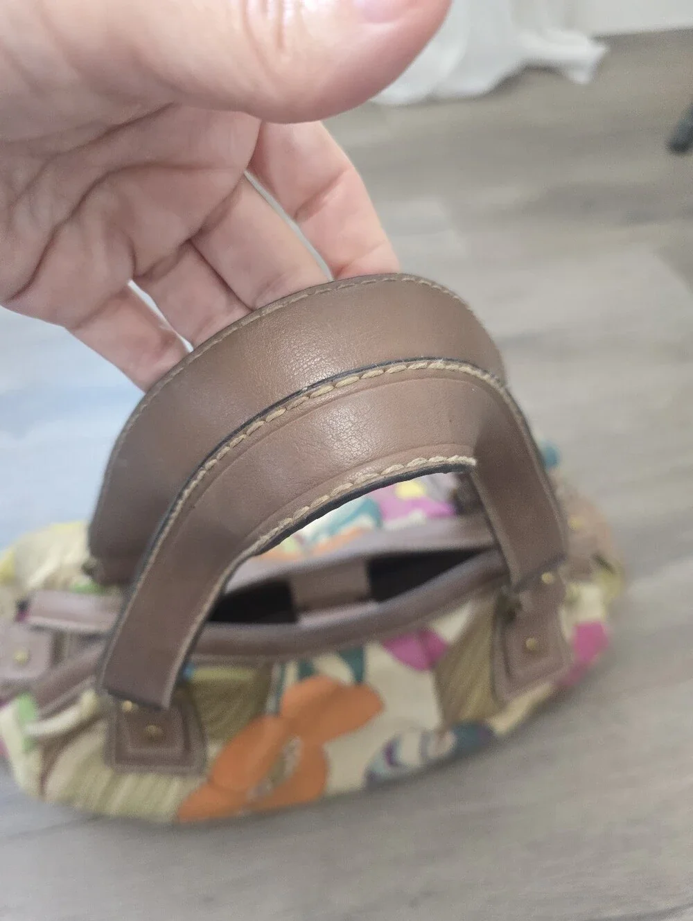 Fossil Key-Per Floral Canvas Hobo Shoulder Bag Brown Leather Trim